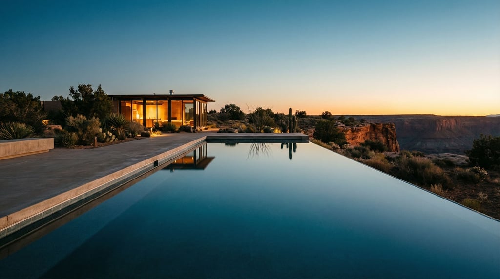 An infinity pool on a mesa edge at dusk
