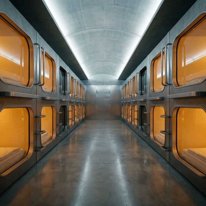 A dormitory hall with identical sleeping pods arranged along both walls