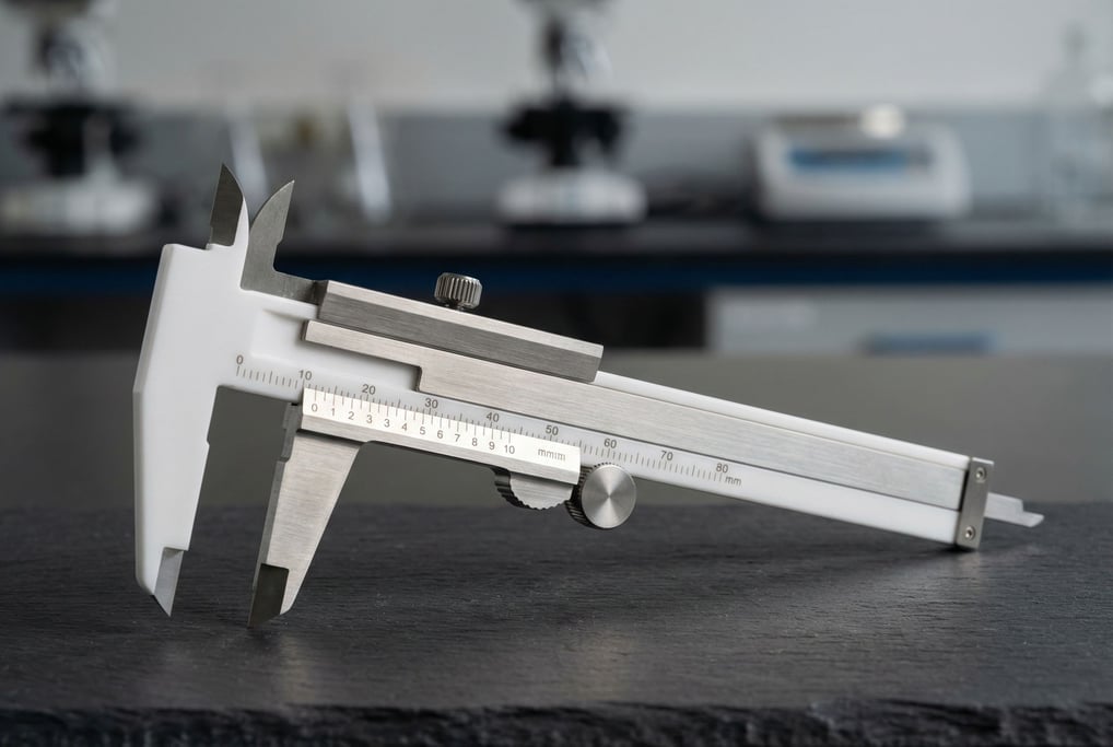 A precision instrument resembling a caliper made of white ceramic and brushed titanium
