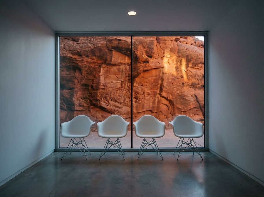 A waiting room with four white molded chairs facing a glass wall that looks onto a sandstone cliff f