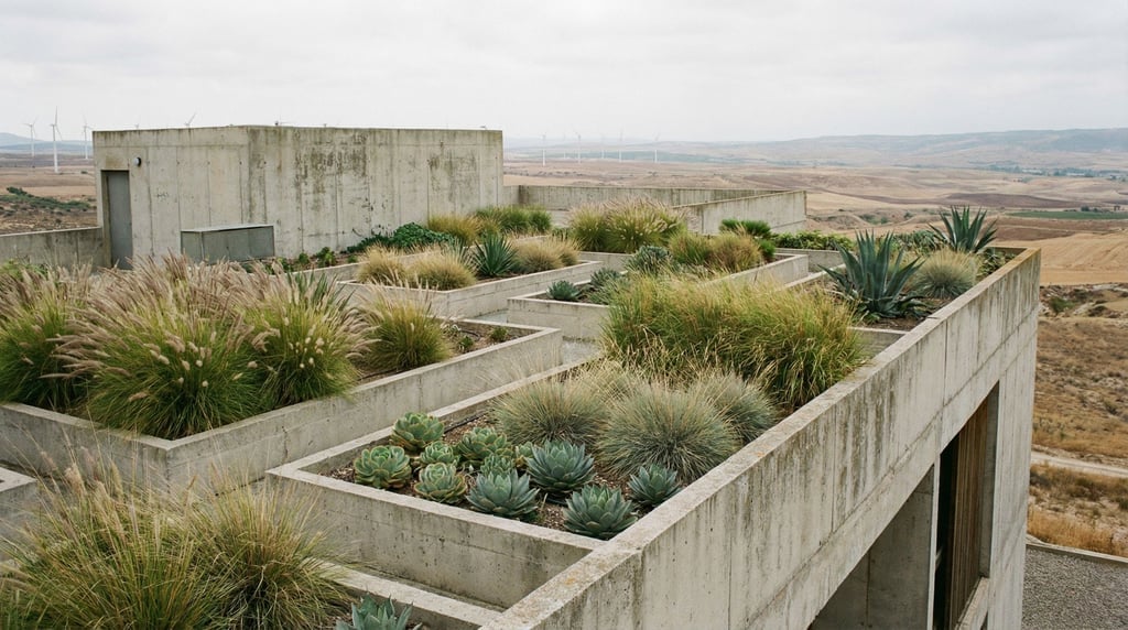 A rooftop garden on a brutalist concrete building