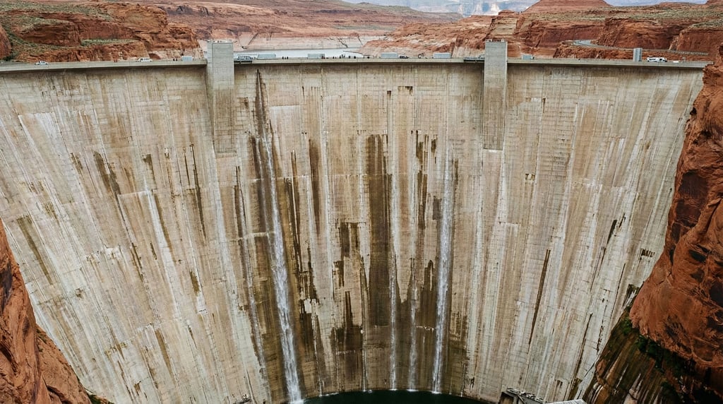 A massive concrete dam viewed from below