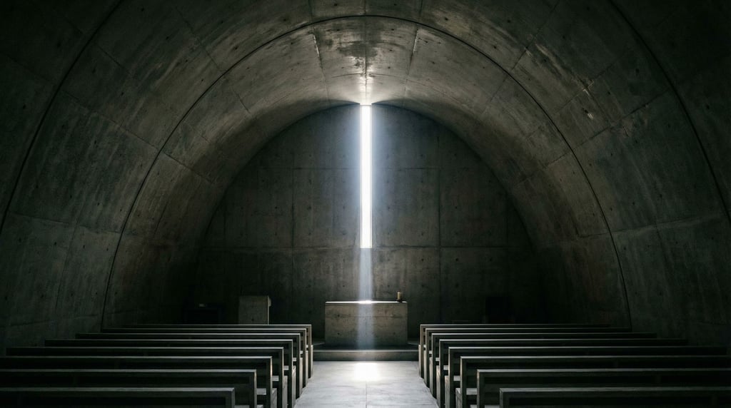 A vaulted concrete chapel interior with a single vertical window behind the altar letting in a shaft