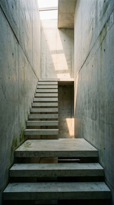 A vertical composition of floating concrete stairs ascending through a tall narrow atrium
