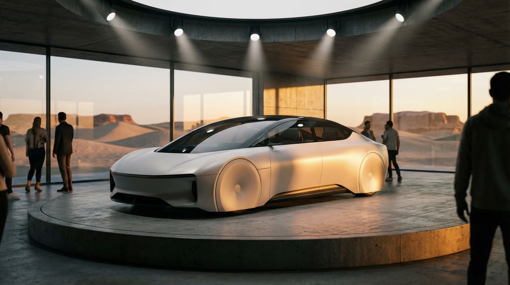 A concept vehicle in a showroom — a low-slung autonomous car with a smooth matte white body and dark
