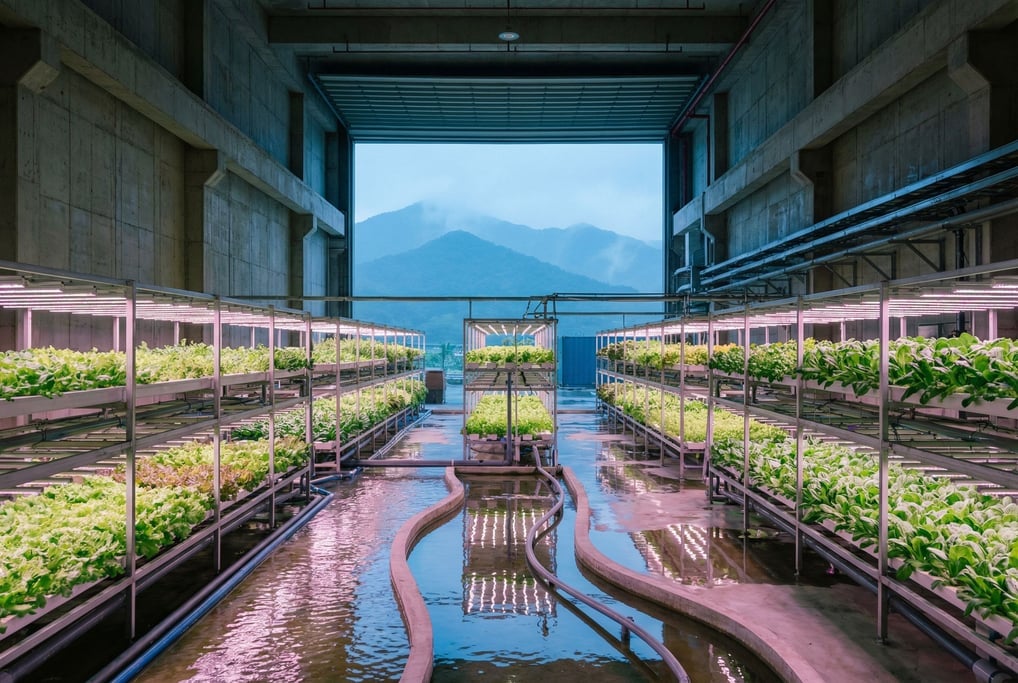 A hydroponic farm inside a concrete warehouse
