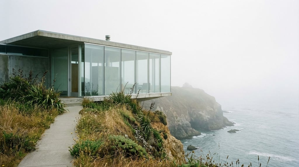A coastal cliff with a minimal glass-and-concrete building perched at the edge