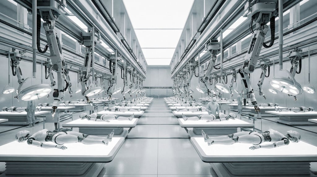 An assembly floor with overhead gantry systems running on parallel rails
