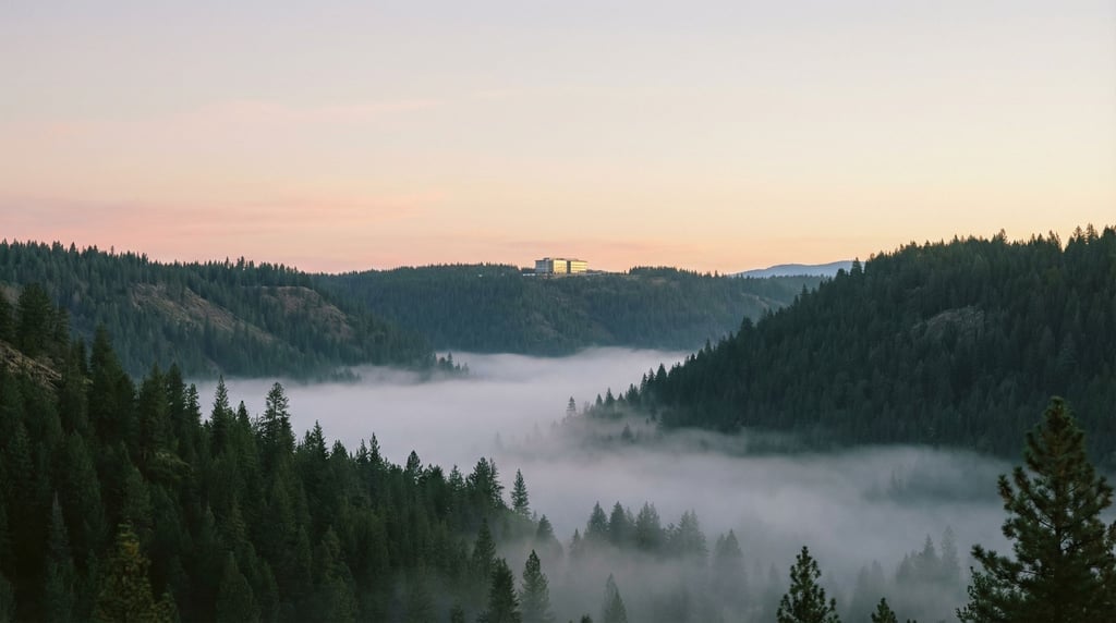 A valley at dawn with a glass research building perched on the far ridgeline