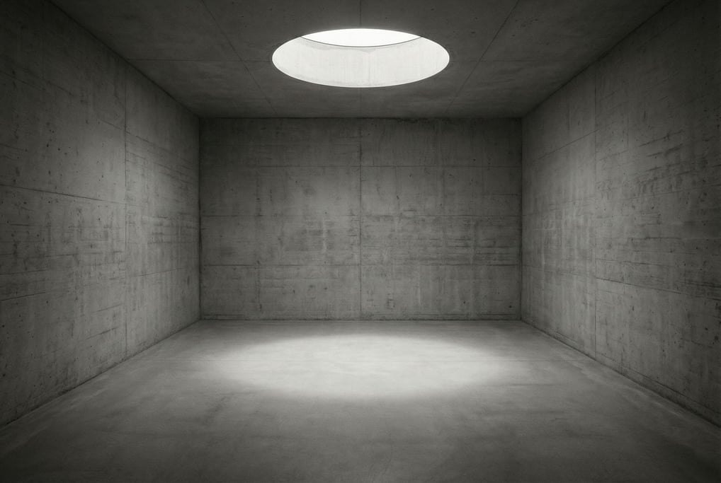 A meditation room — a perfect cube of poured concrete with a single circular skylight in the ceiling