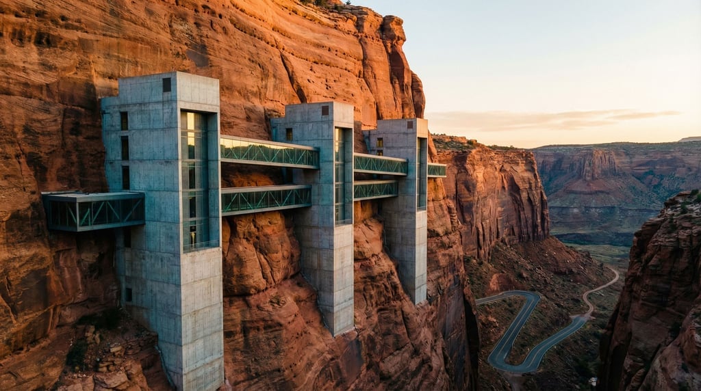 A compound of three concrete buildings embedded in a red cliff face
