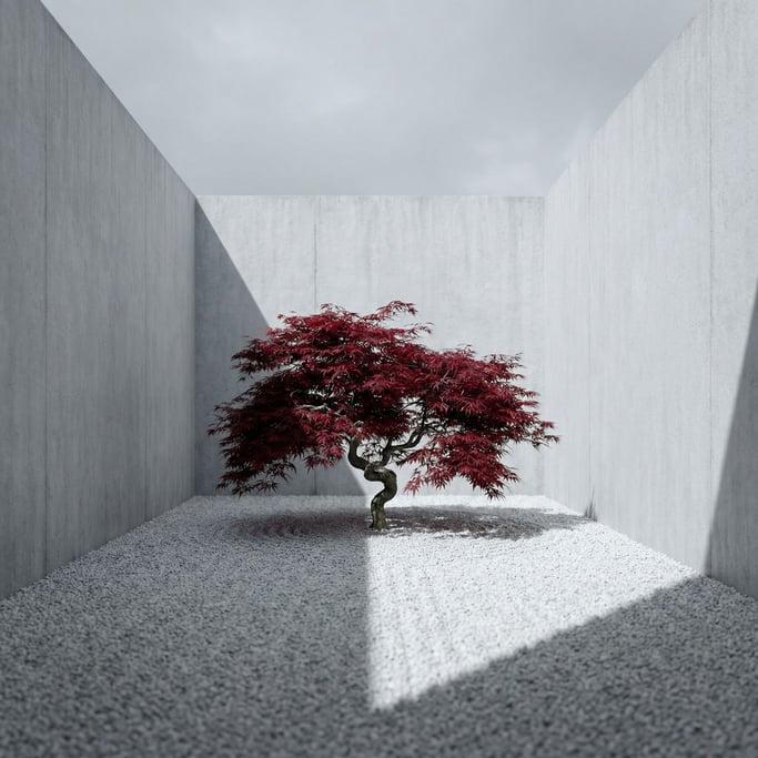 A courtyard garden enclosed by four tall concrete walls