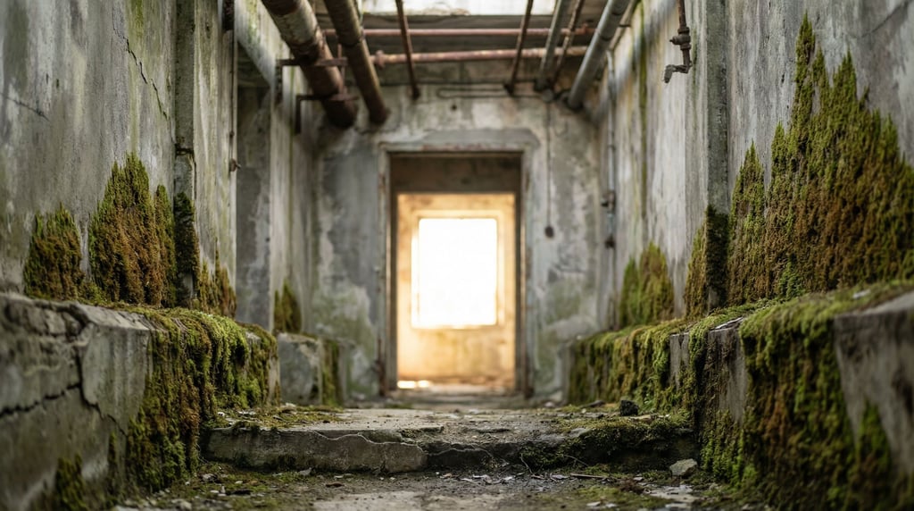 Moss growing on the base of a concrete wall in a forgotten corridor