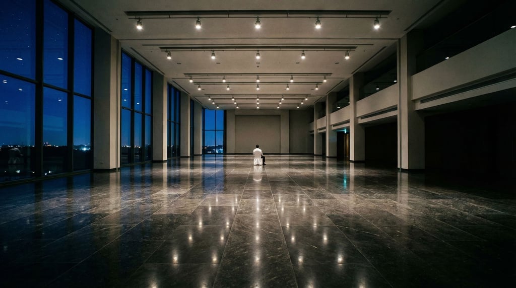 An empty ballroom with a polished dark stone floor reflecting ceiling-mounted spotlights