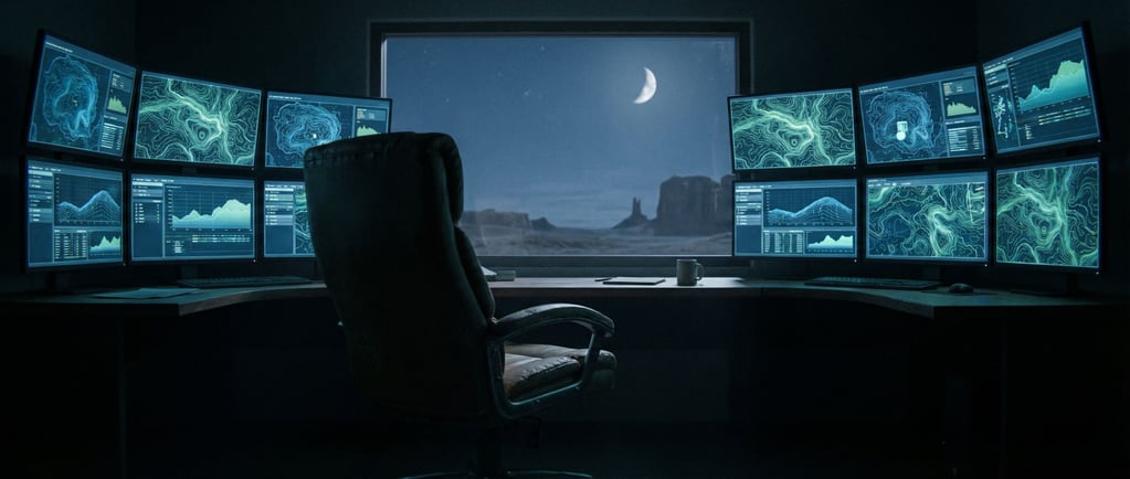 A control room with banks of dark monitors displaying topographic data