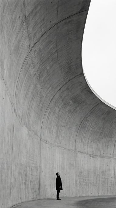 A vertical shot of a figure standing at the base of a massive curved concrete wall, looking upward
