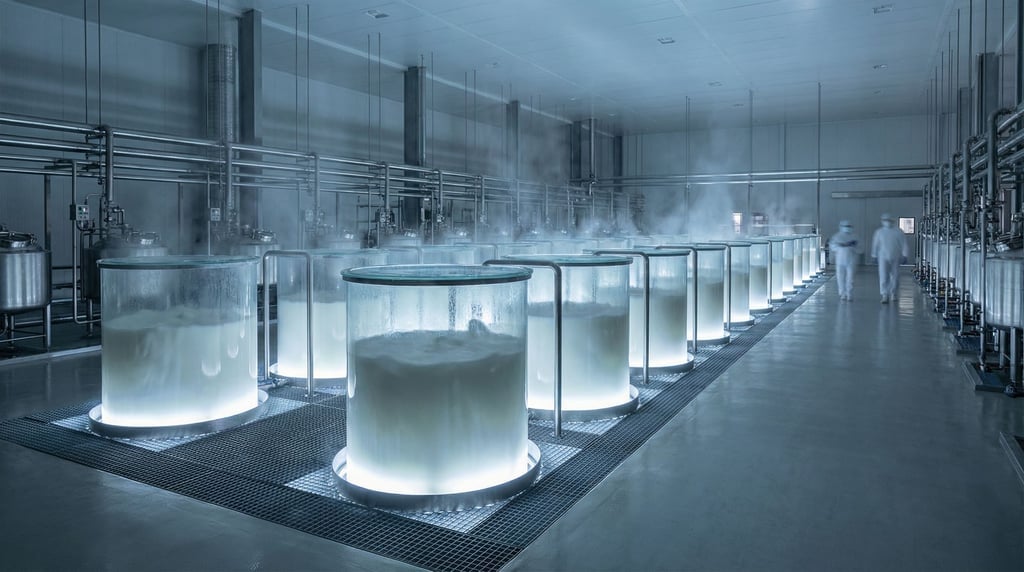 Vats of milky opaque fluid in a manufacturing wing