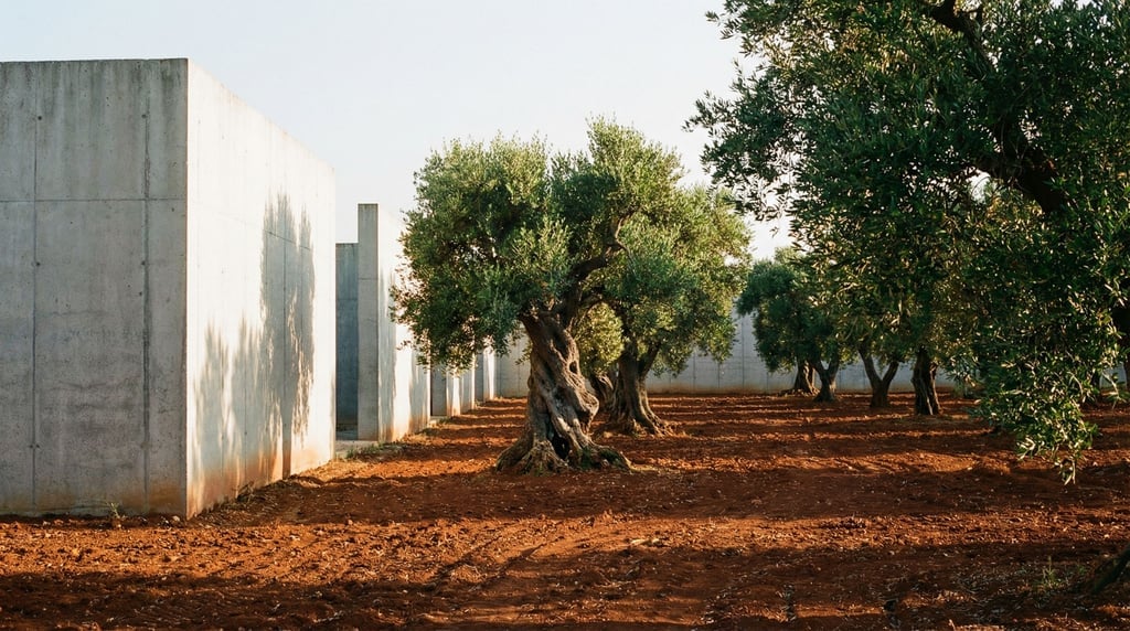 An olive grove within concrete compound walls