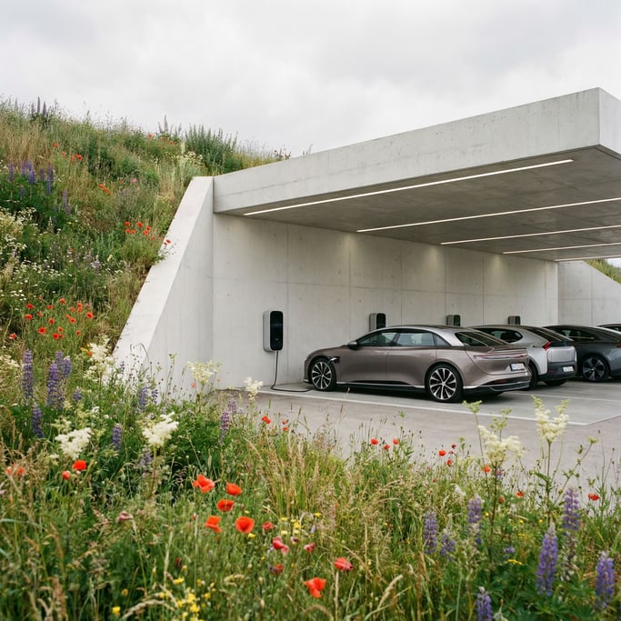 A vehicle charging bay built into a hillside