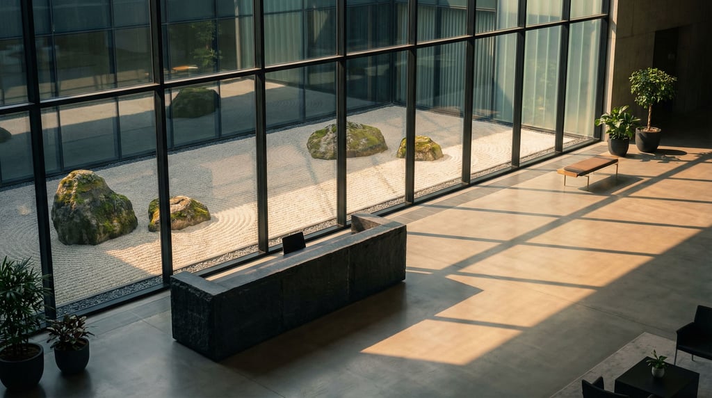 A lobby with an enormous glass wall looking onto a curated rock garden with raked sand and three bou