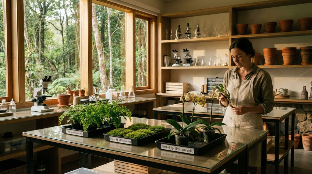 A botanical lab with glass-topped tables holding specimen trays of cultivated plants