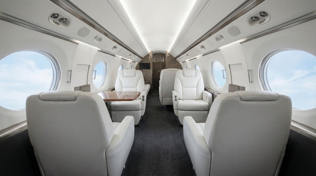 An aircraft interior — a sleek private cabin with four white seats facing each other