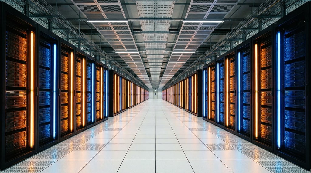 A data center hall stretching into a dramatic vanishing point