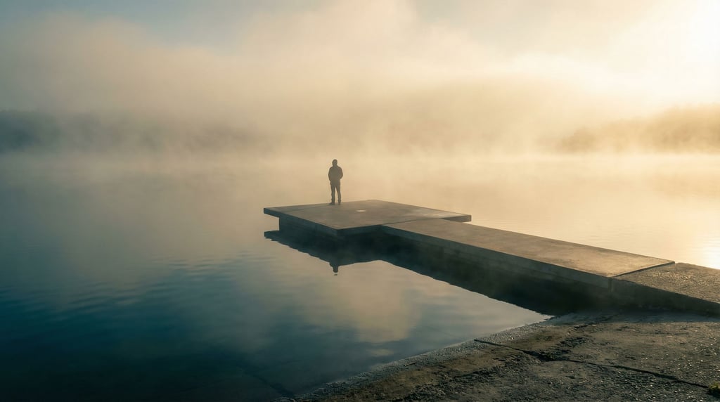 Fog rolling across a still lake at dawn with a minimalist dock extending from a concrete shore