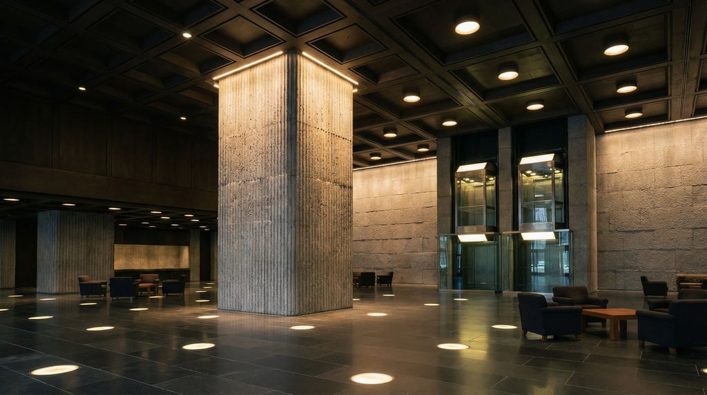 A monumental lobby with a double-height ceiling and a single freestanding concrete column in the cen