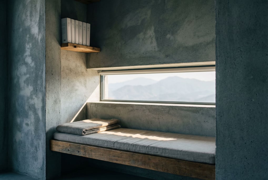 A reading alcove carved into a thick concrete wall