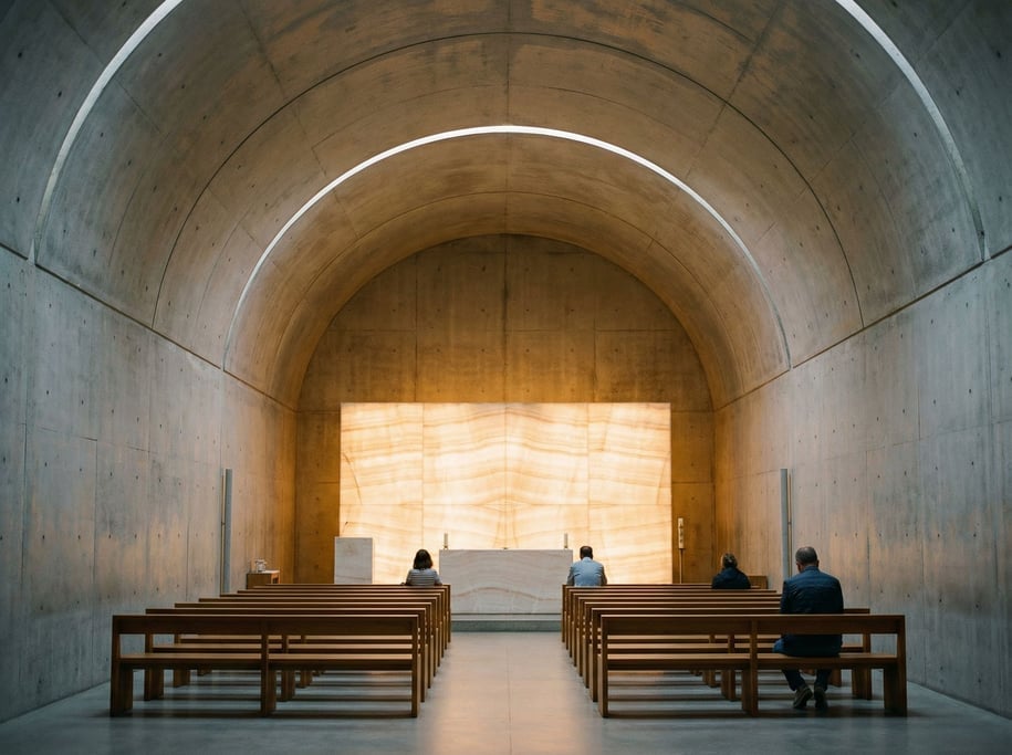 A chapel-like space with a concrete barrel vault ceiling, two rows of simple wooden benches