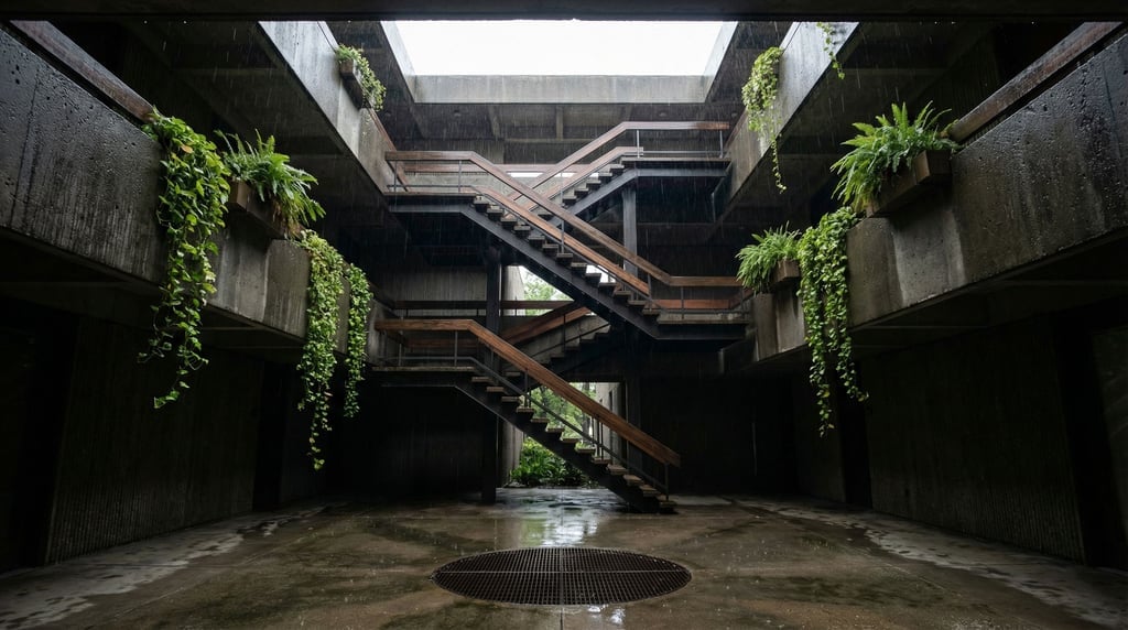 An atrium open to the sky, four stories of concrete balconies ringing the space