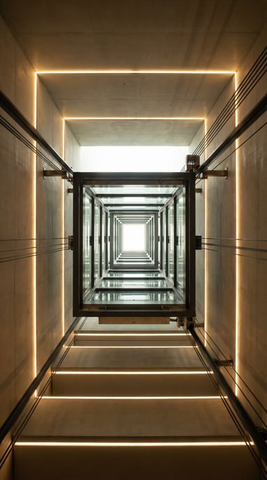 A vertical view of an elevator shaft from below