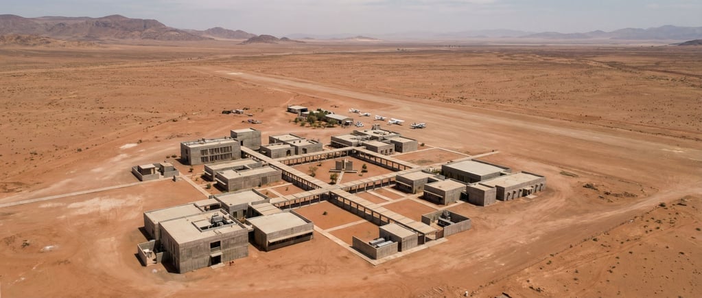 An ultra-wide panorama of a desert compound seen from aerial altitude