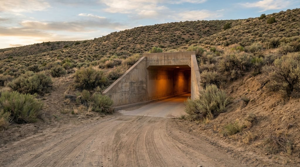 An underground entrance built into a hillside of sage and scrub