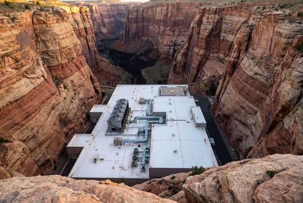 A facility nestled in a narrow canyon, its rooftop level with the canyon rim
