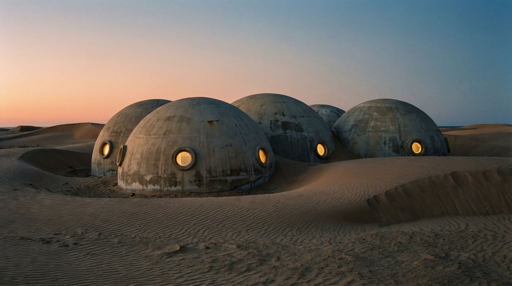 A cluster of low dome-shaped structures half-buried in sand dunes