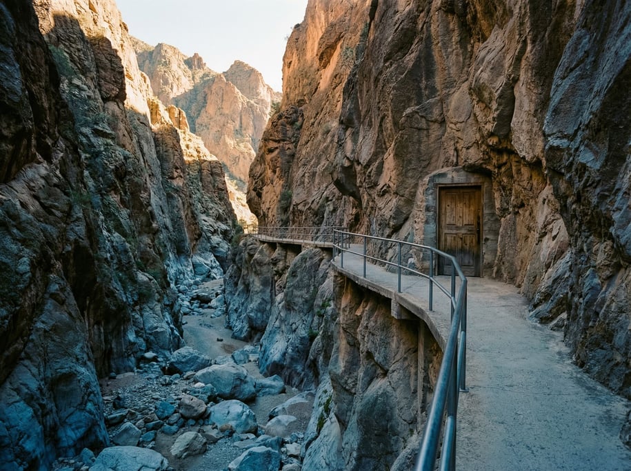 A narrow canyon with sheer walls and a concrete pathway running along one side