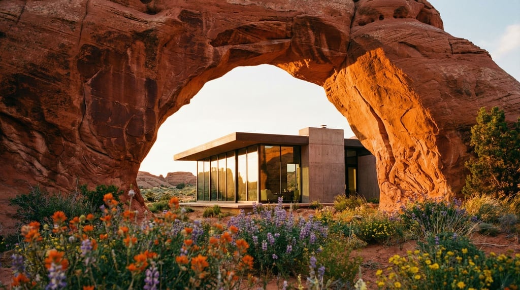 A sandstone archway framing a modern glass-and-concrete structure beyond