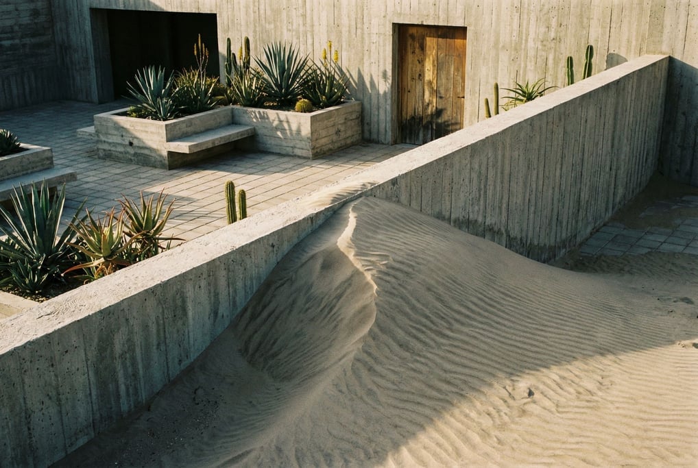 A concrete retaining wall holding back a dune, the sand spilling over the top in a frozen wave