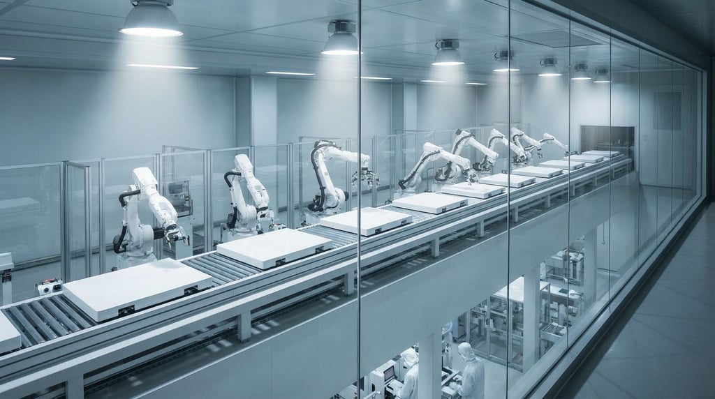 A wide shot of an assembly line from an elevated observation gallery
