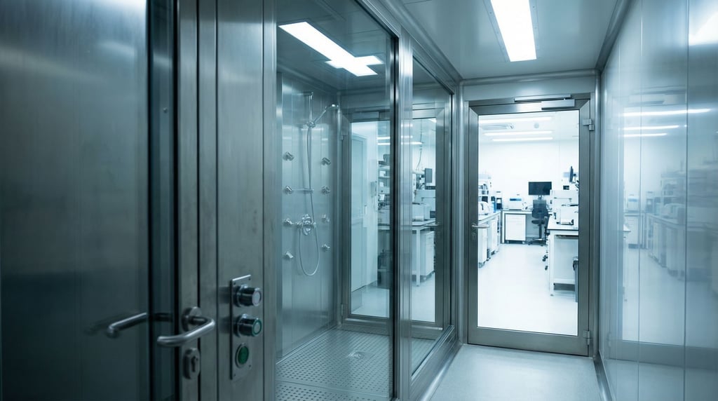 A laboratory clean room airlock — a narrow corridor between two glass doors with a decontamination s