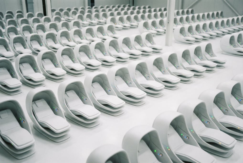 Rows of identical calibration pods in a testing facility