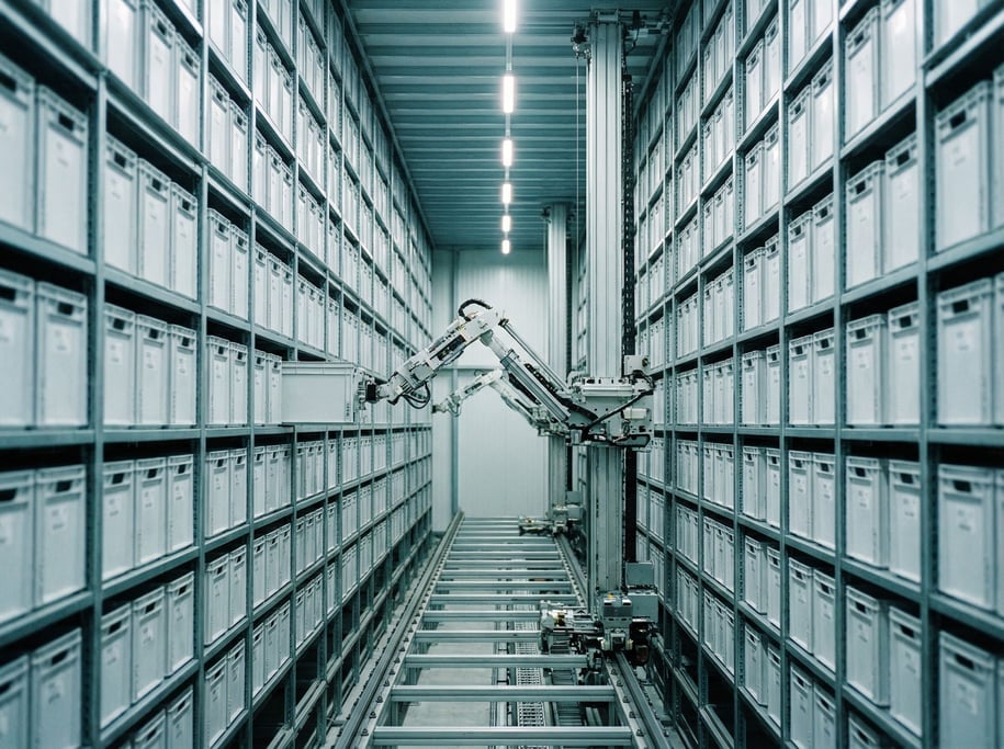 A storage hall with floor-to-ceiling shelving holding identical white containers