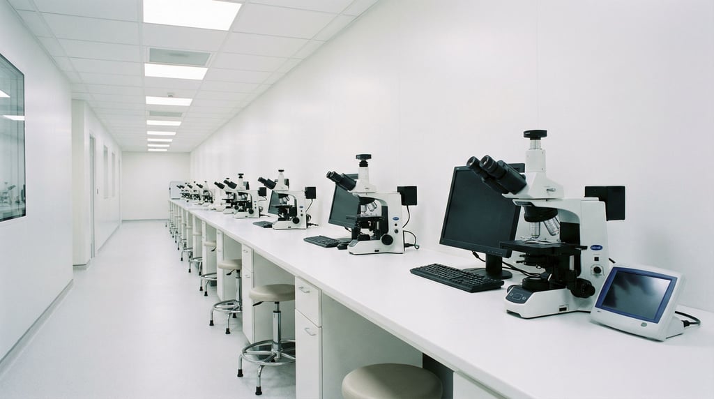 A quality assurance laboratory with a long white bench