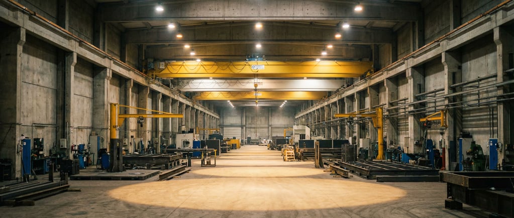 Overhead gantry cranes in a massive fabrication hall