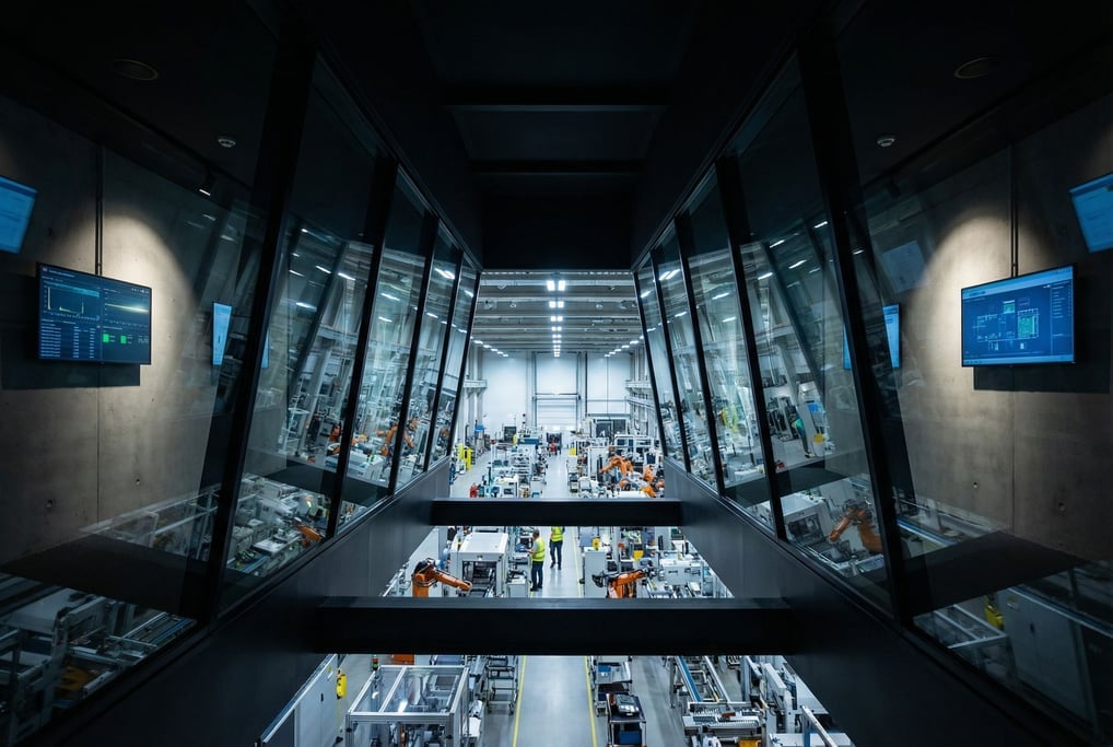 A glass-walled observation corridor overlooking a manufacturing floor from above