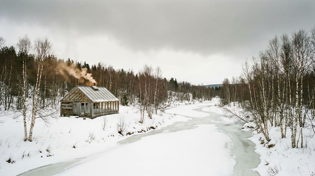 A snow-covered valley with a single glass-roofed structure visible at the tree line