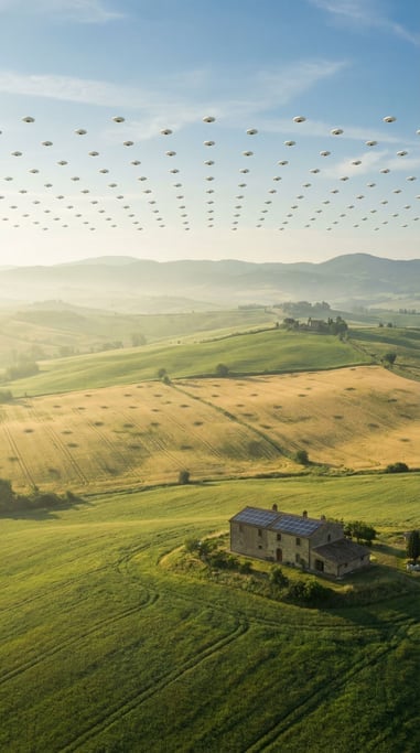 Rolling hills of green farmland at morning