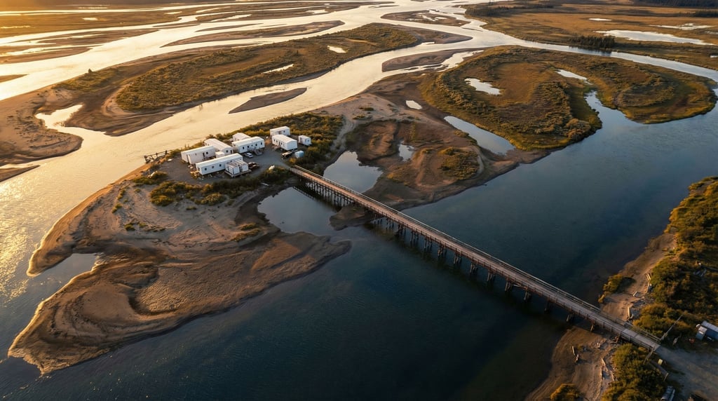A river delta from elevated viewpoint, braided water channels cutting through sandy islands
